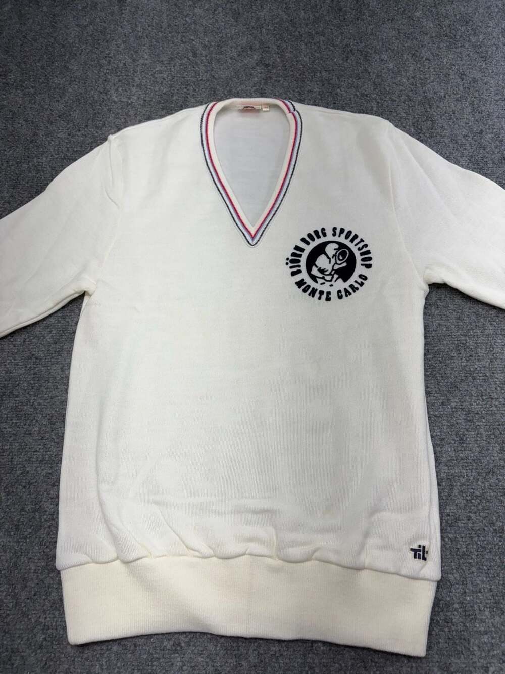 Rare 70-80s Bjorn Borg white Tennis Sweater. Flocked Print. Monte Carlo-2/3-Med